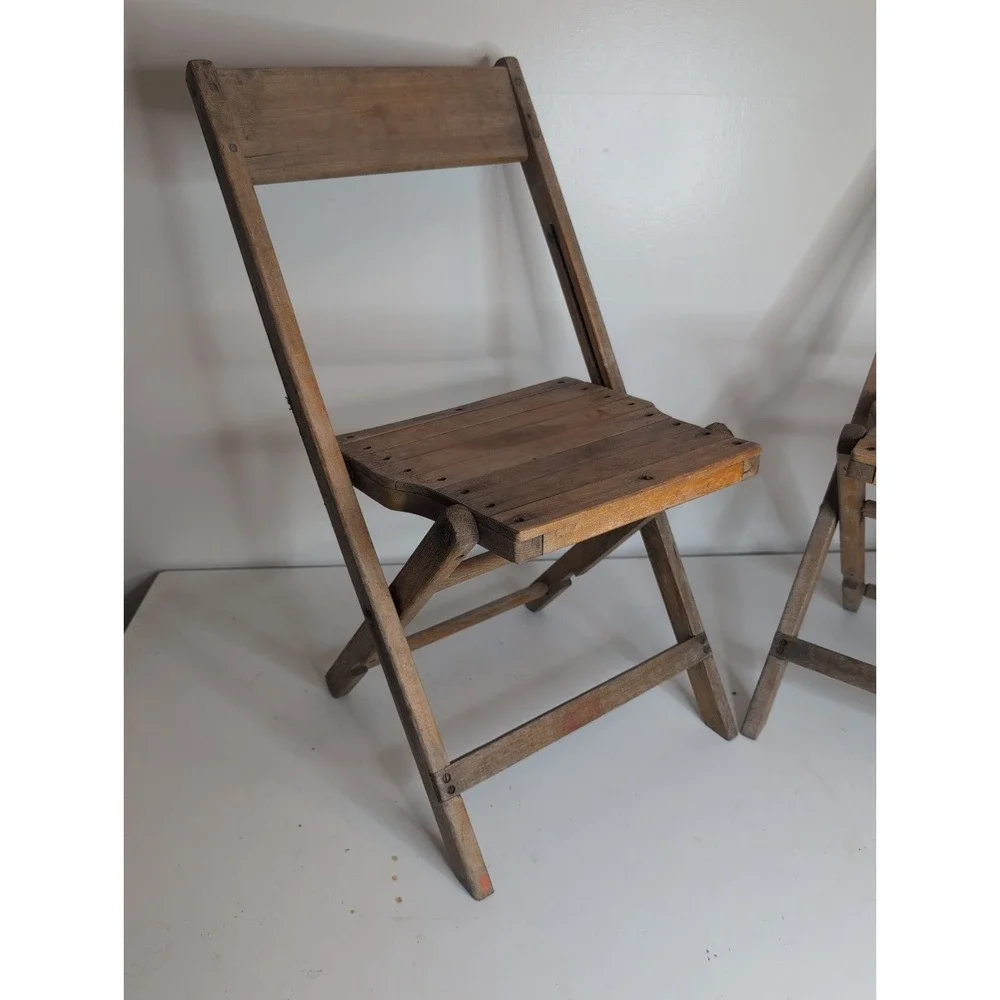 Lot Of 2 Antique Vintage Slat Wood Folding Chairs Snyder Chair Co. USA